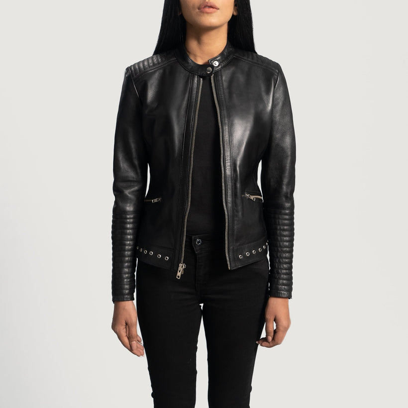 Haley Ray Preto Jaqueta Biker de Couro para Mulher