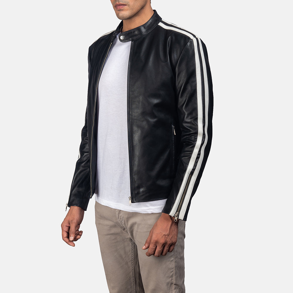 
Black & White Cowhide Leather Biker Jacket - Vista traseira com ombros definidos e bainha impecável
