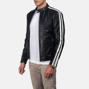 
Black & White Cowhide Leather Biker Jacket - Vista traseira com ombros definidos e bainha impecável