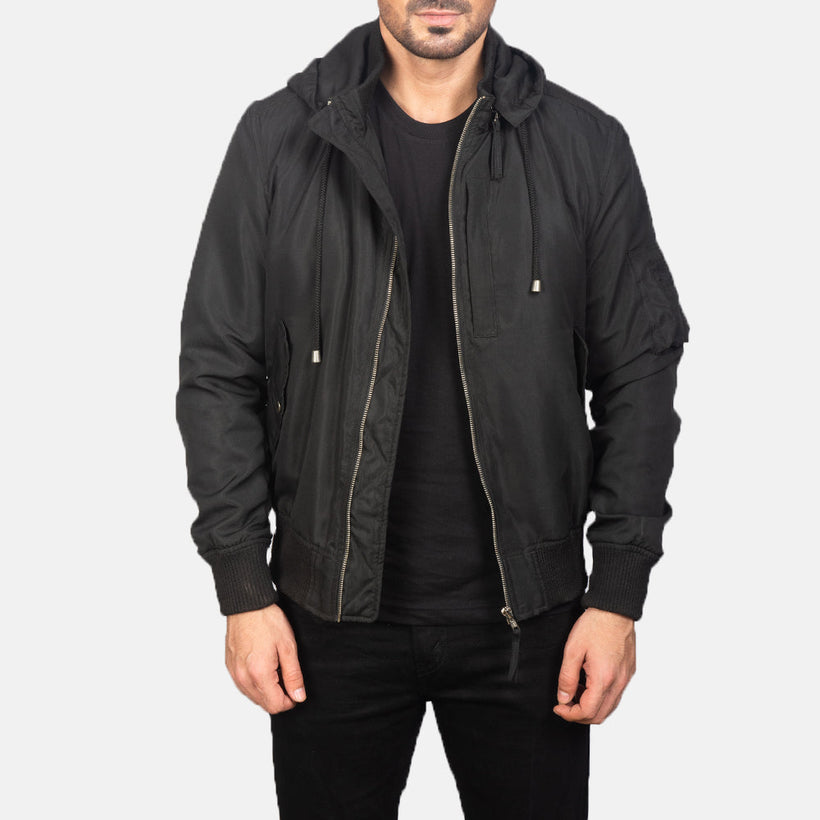 Hanklin MA-1 Preto Hooded Blusão Bomber de Couro para Homem