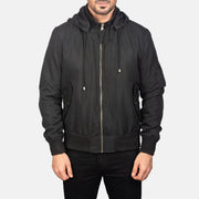 
Vista detalhada of Knit Rib with Removable Polyester Hood & Zipper Hardware on Hanklin Ma-1 Black Hooded Bomber Jacket