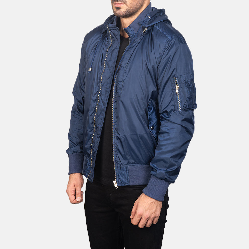 
Blue Nylon Bomber Jacket - Vista traseira com ombros definidos e bainha impecável