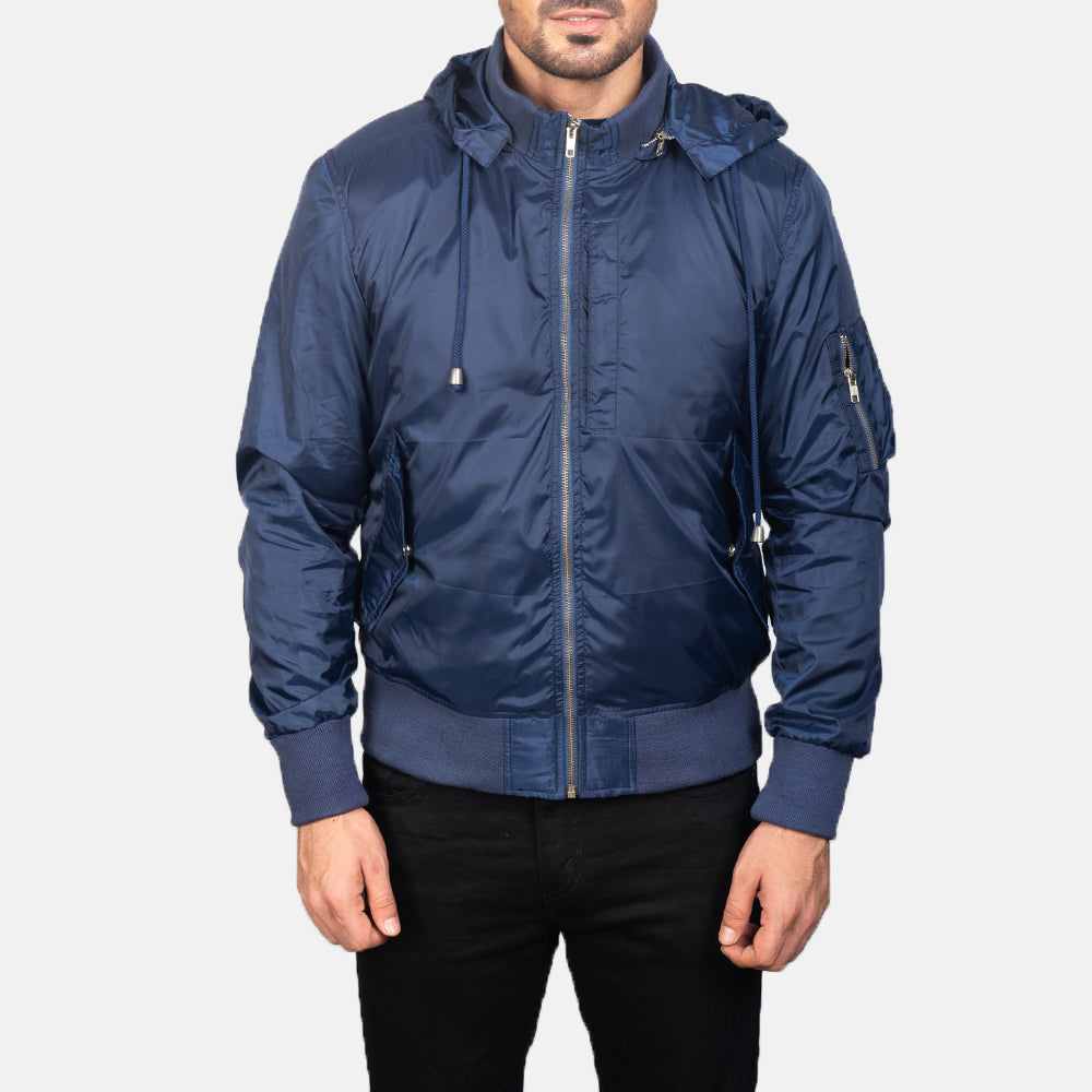 
Vista detalhada of Knit Rib with Removable Nylon Hood & Zipper Hardware on Blue Hooded Bomber Jacket