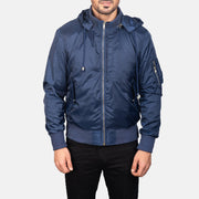 
Vista detalhada of Knit Rib with Removable Nylon Hood & Zipper Hardware on Blue Hooded Bomber Jacket