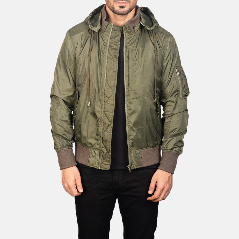 Hanklin MA-1 Verde Hooded Blusão Bomber de Couro para Homem