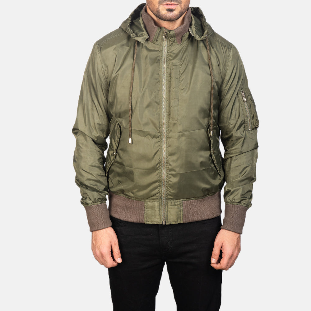 
Vista detalhada of Knit Rib with Removable Nylon Hood & Zipper Hardware on Hanklin Ma-1 Green Hooded Bomber Jacket