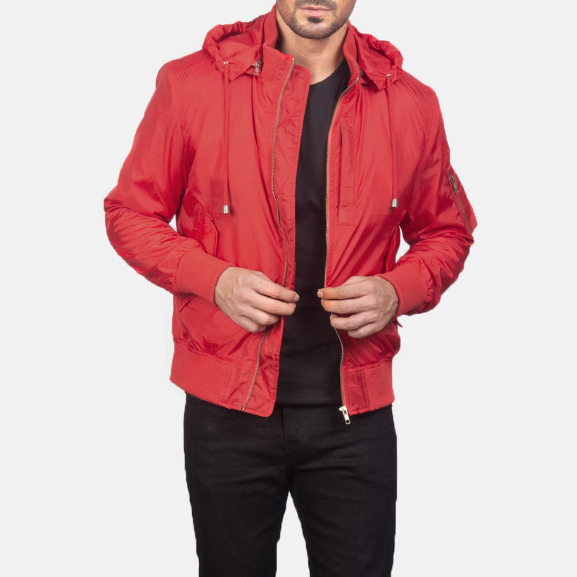 Hanklin MA-1 Vermelho Hooded Blusão Bomber de Couro para Homem
