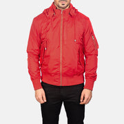 Close-Up Detail of Knit Rib with Removable Nylon Hood &amp; Zipper Hardware on Men's Hanklin Ma-1 Red Hooded Bomber Jacket