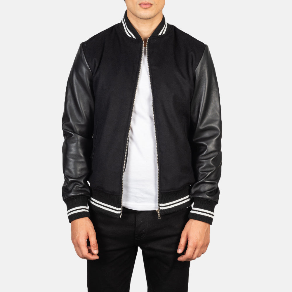Harrison Preto Hybrid Varsity Blusão de Couro para Homem in Black Sheepskin Leather - Front Profile View &amp; Tailored Silhouette | Buy Online