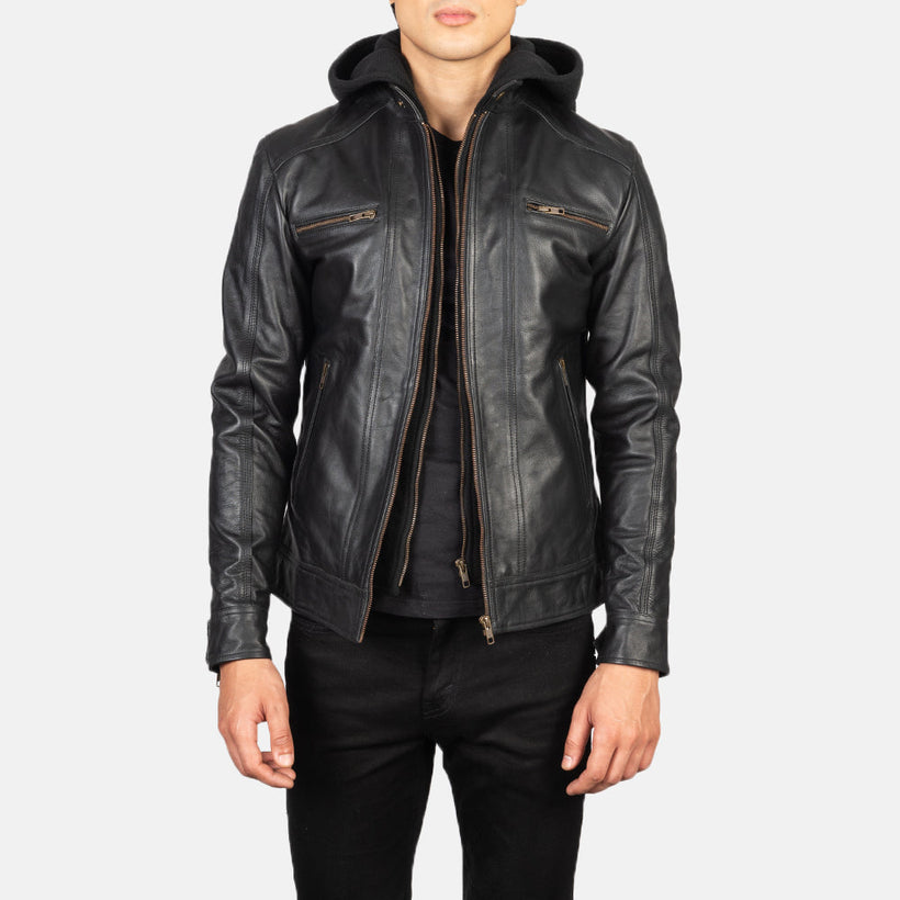 Hector Preto Hooded Blusão Biker de Couro para Homem