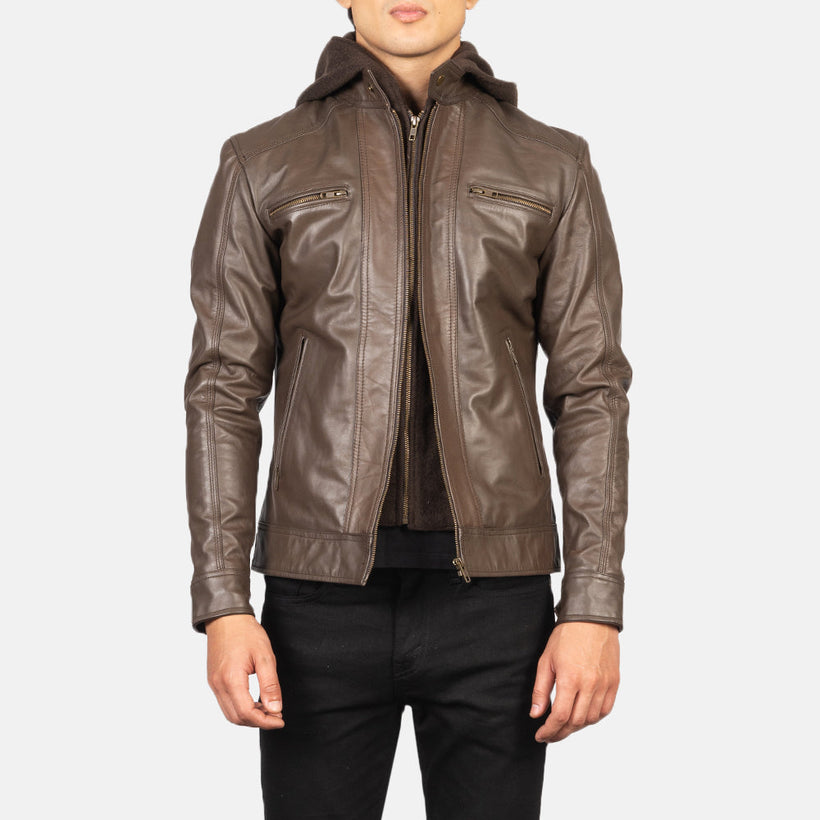 Hector Castanho Hooded Blusão Biker de Couro para Homem
