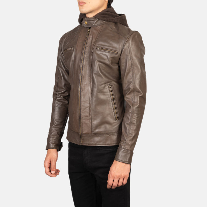 Hector Castanho Hooded Blusão Biker de Couro para Homem