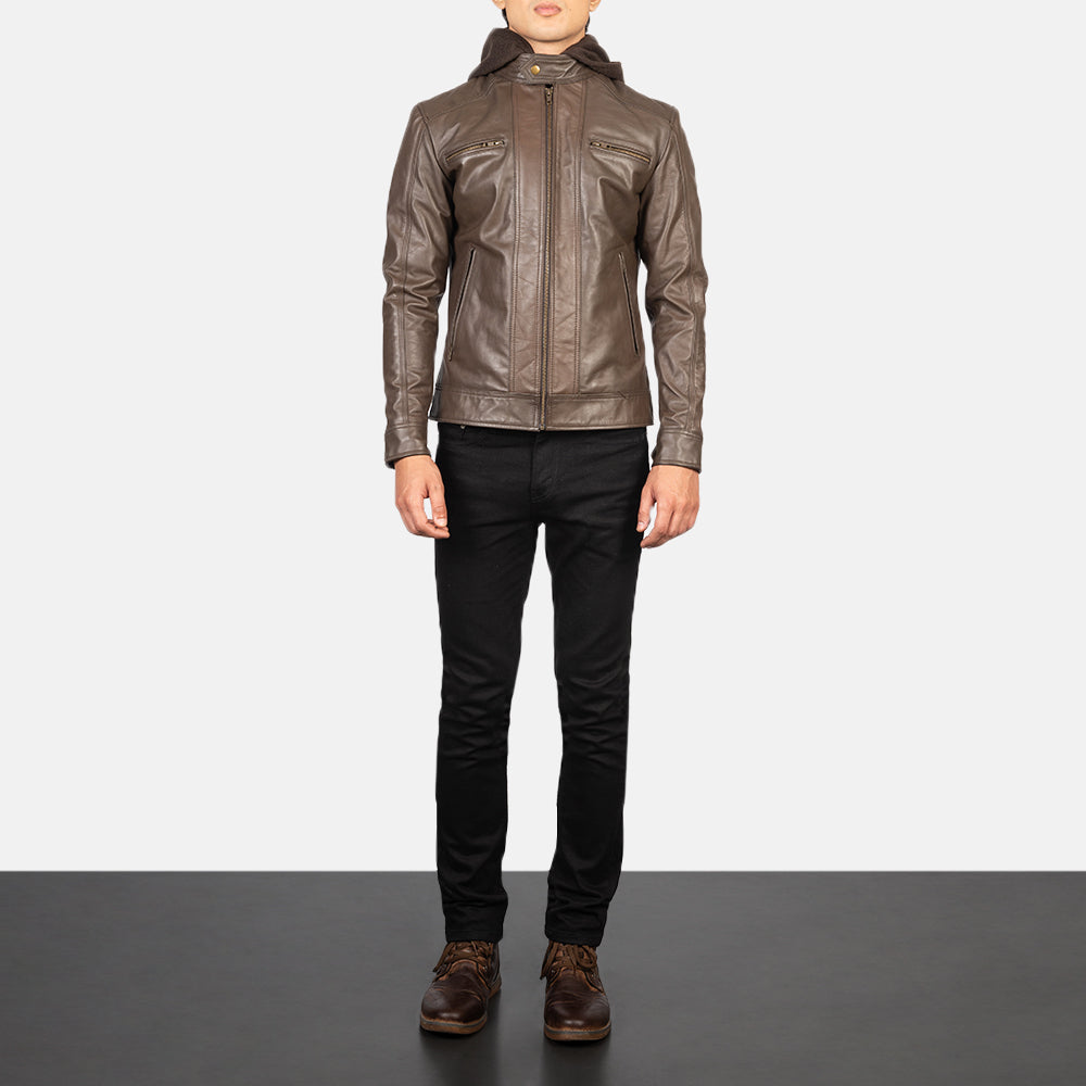 Men's Hector Castanho Hooded Blusão Biker de Couro para Homem - Lateral Side Profile View Showing Sleeve Cut &amp; Athletic Taper Fit