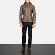 Men's Hector Castanho Hooded Blusão Biker de Couro para Homem - Lateral Side Profile View Showing Sleeve Cut &amp; Athletic Taper Fit