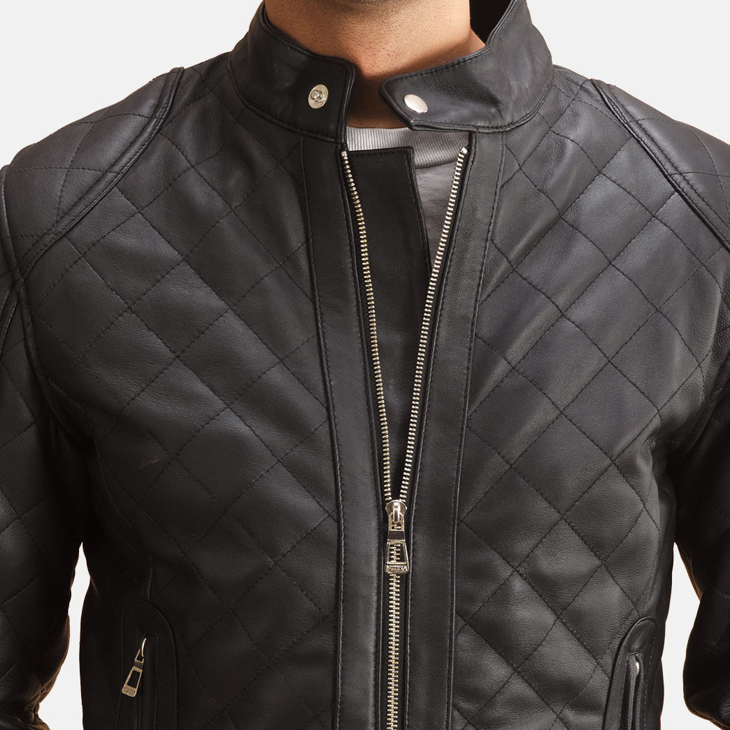 
Vista detalhada of Band with Snap Button & Zipper Hardware on Henry Acolchoado Preto Jaqueta de Couro para Homem