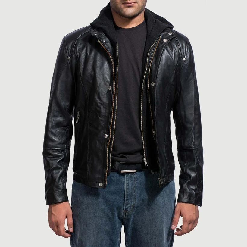 Highschool Preto Hooded Blusão de Couro para Homem