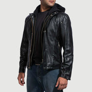 Black Cowhide Leather Hooded Jacket - Back View Showing Tailored Shoulder Fit &amp; Clean Hemline