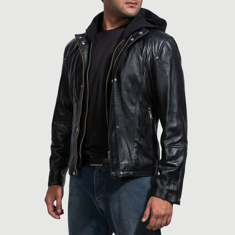 Highschool Preto Hooded Blusão de Couro para Homem