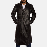 
Black Cowhide Leather Trench Coat - Vista traseira com ombros definidos e bainha impecável