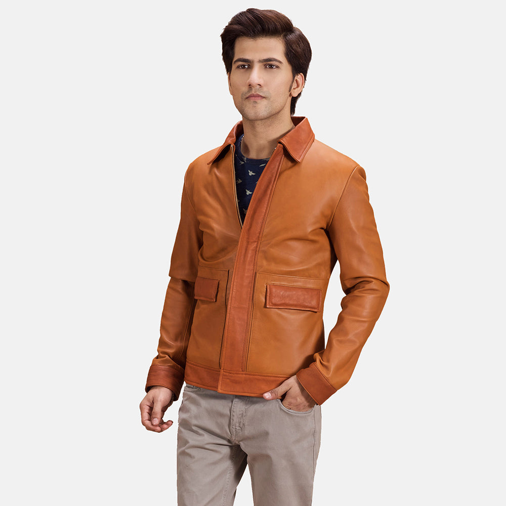 
Hubert Caramelo Castanho Jaqueta de Couro para Homem in Tan Brown Sheepskin Leather - Vista frontal e silhueta ajustada | Comprar online