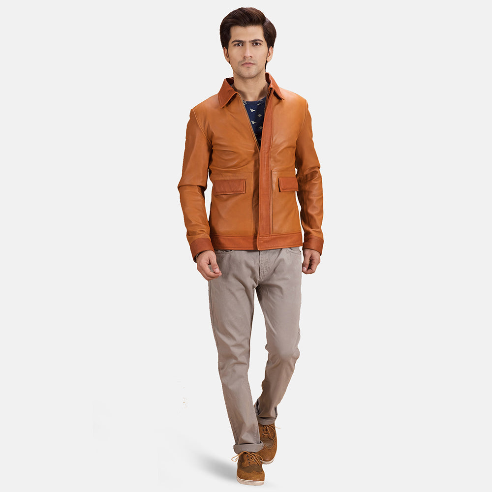
Vista detalhada of Shirt & Zipper with wind flap Hardware on Hubert Caramelo Castanho Jaqueta de Couro para Homem
