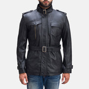 Hunter Preto Blusão de Couro para Homem in Black Sheepskin Leather - Front Profile View &amp; Tailored Silhouette | Buy Online