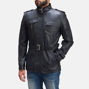 Hunter Preto Blusão de Couro para Homem - Lateral Side Profile View Showing Sleeve Cut &amp; Athletic Taper Fit