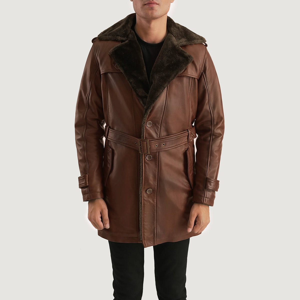 
Hunter Distressed Castanho Fur Casaco em Couro para Homem in Distressed Brown Sheepskin Burnishing - Vista frontal e silhueta ajustada | Comprar online