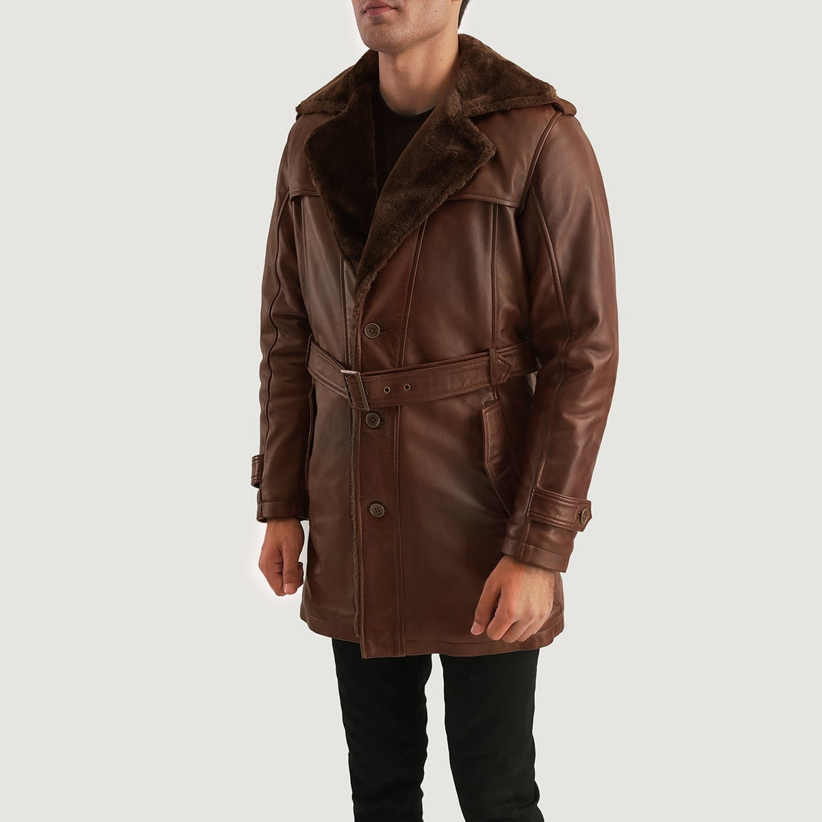 
Distressed Brown Sheepskin Burnishing Winter Jacket - Vista traseira com ombros definidos e bainha impecável