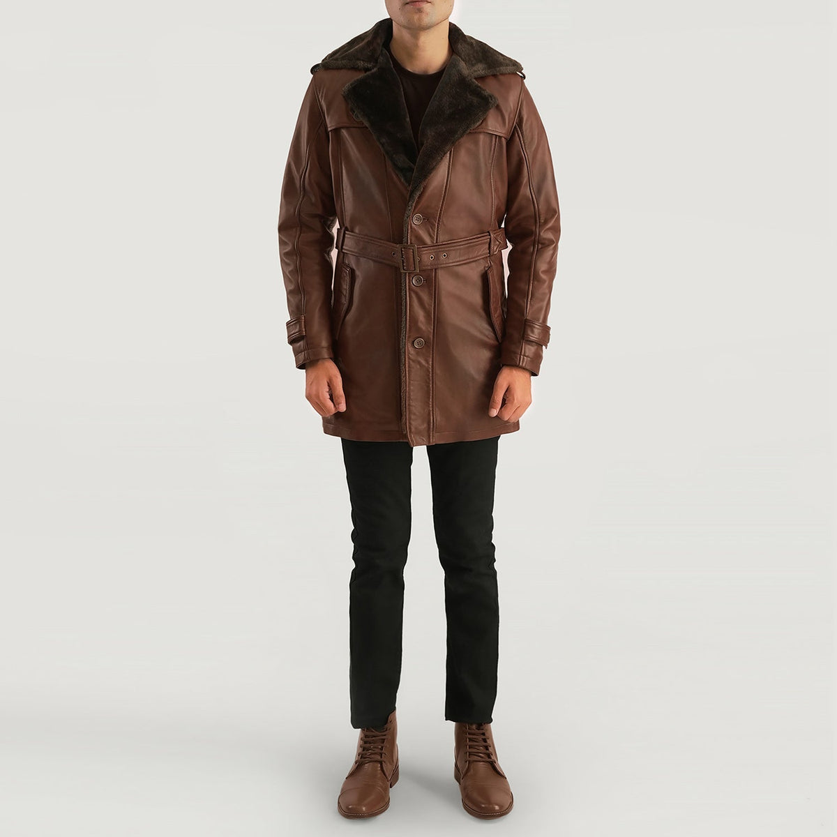 
Vista detalhada of Notch & Button Hardware on Hunter Distressed Castanho Fur Casaco em Couro para Homem