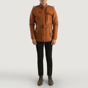 Hunter Castanho Claro Castanho Fur Blusão de Couro para Homem - Lateral Side Profile View Showing Sleeve Cut &amp; Athletic Taper Fit