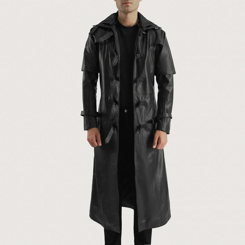 Huntsman Preto Hooded Trench Casaco em Couro em Couro em Couro para Homem