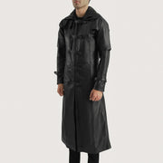 
Black. Cowhide Leather Trench Coat - Vista traseira com ombros definidos e bainha impecável