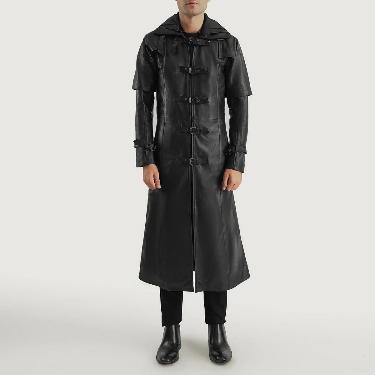 
Huntsman Preto Hooded Trench Casaco em Couro em Couro em Couro para Homem - Vista lateral mostrando o corte ergonómico de mangas