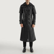 
Huntsman Preto Hooded Trench Casaco em Couro em Couro em Couro para Homem - Vista lateral mostrando o corte ergonómico de mangas