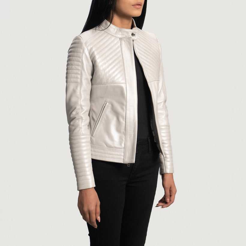 Ice Maiden Silver Acolchoado Blusão Biker de Couro para Mulher