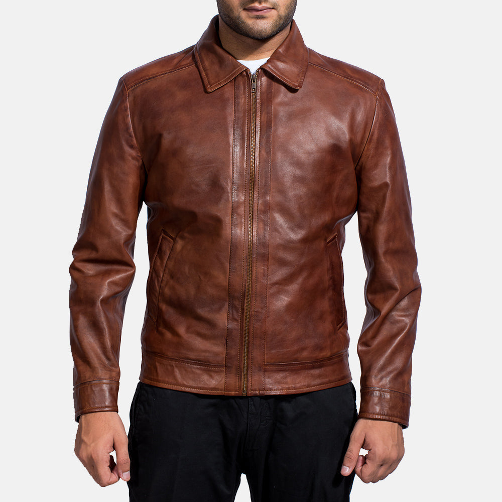 
Open hem & Hem Craftsmanship Construction Detail on Inferno Castanho Jaqueta de Couro para Homem