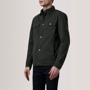 Irwin Olive Waxed Canvas Field Blusão de Couro para Homem For Men - Lateral Side Profile View Showing Sleeve Cut &amp; Athletic Taper Fit