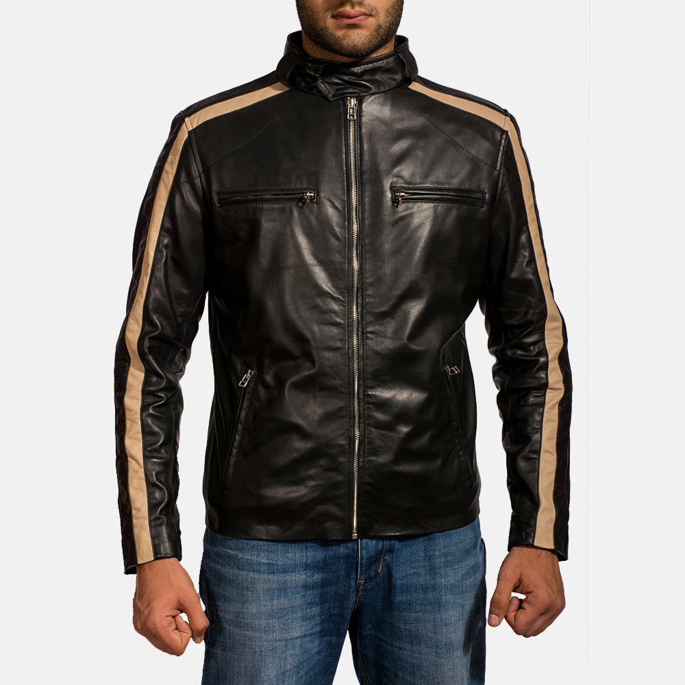 Men's Jack Preto Blusão Biker de Couro para Homem in Black Sheepskin Leather - Front Profile View &amp; Tailored Silhouette | Buy Online