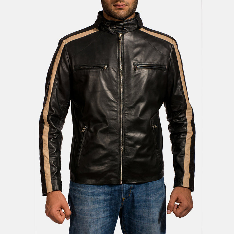 Jack Preto Blusão Biker de Couro para Homem