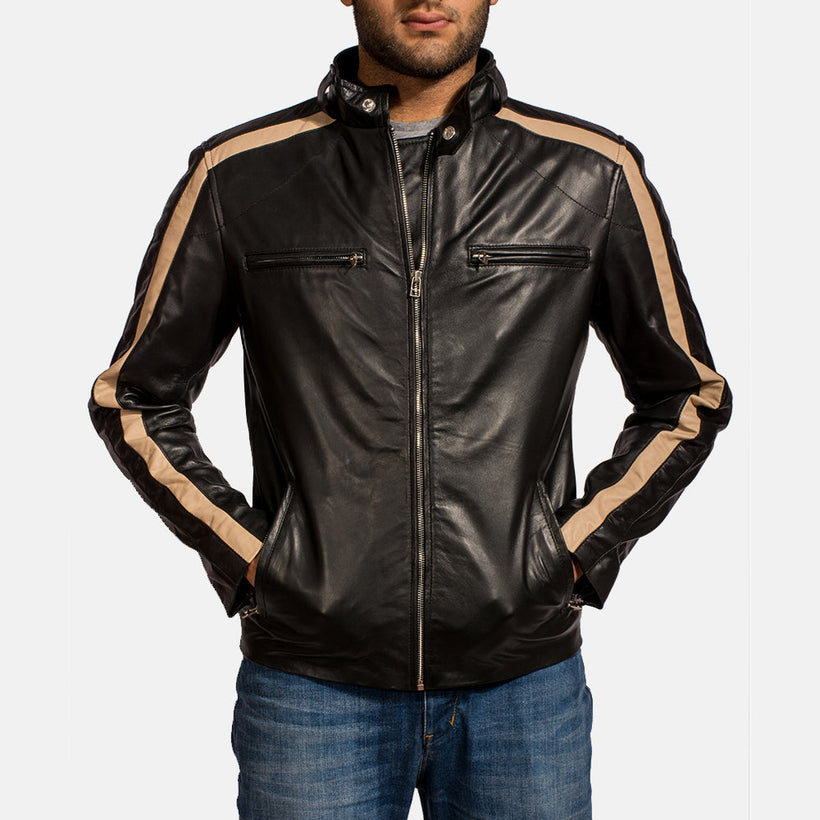 Jack Preto Blusão Biker de Couro para Homem