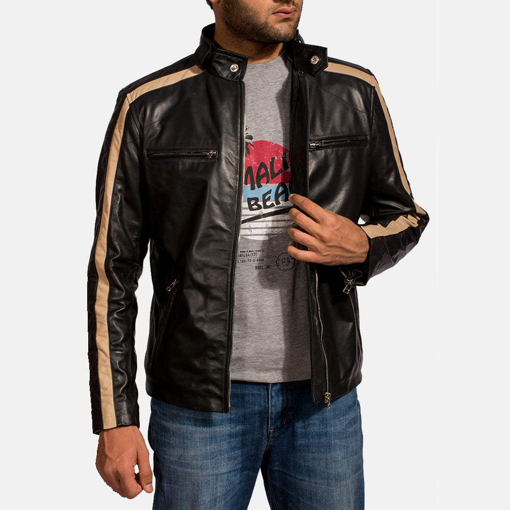 Men's Jack Preto Blusão Biker de Couro para Homem - Lateral Side Profile View Showing Sleeve Cut &amp; Athletic Taper Fit