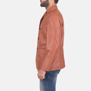 James Castanho Claro Castanho Blazer de Couro de Couro para Homem - Lateral Side Profile View Showing Sleeve Cut &amp; Athletic Taper Fit