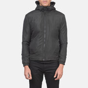 
Vista detalhada of High Neck with Hood & Zipper with wind flap Hardware on Jimmy Preto Hooded Windbreaker Jaqueta de Couro para Homem