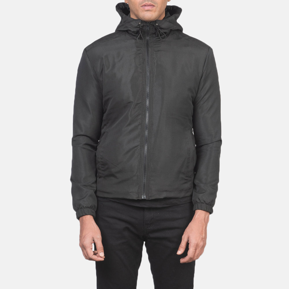 Vista detalhada of High Neck with Hood & Zipper with wind flap Hardware on Jimmy Black Hooded Windbreaker Jacket
