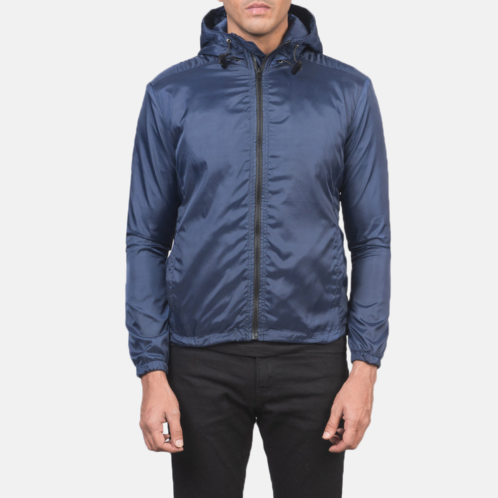 Men's Jimmy Azul Hooded Windbreaker Blusão de Couro para Homem in Blue Nylon - Front Profile View &amp; Tailored Silhouette | Buy Online