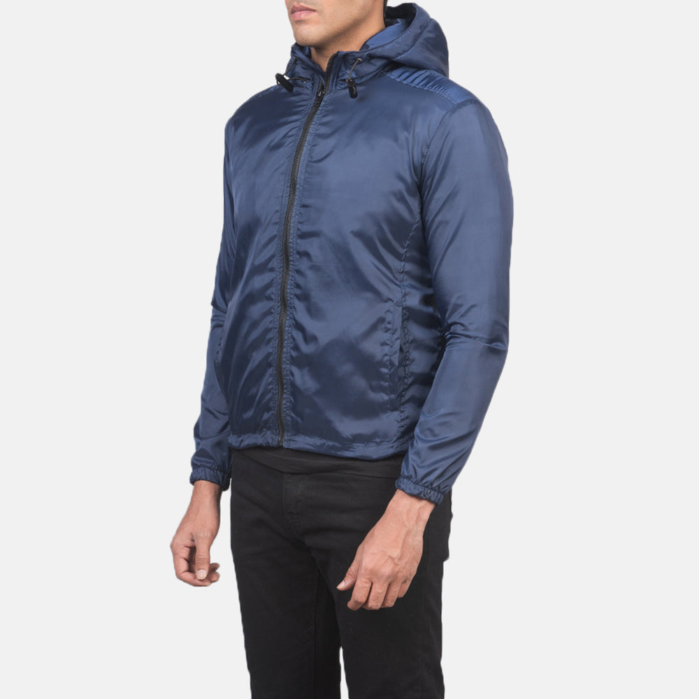 Blue Nylon Hooded Jacket - Vista traseira com ombros definidos e bainha impecável