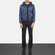Men's Jimmy Azul Hooded Windbreaker Blusão de Couro para Homem - Lateral Side Profile View Showing Sleeve Cut &amp; Athletic Taper Fit