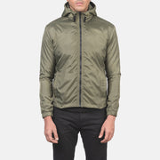 
Vista detalhada of High Neck with Hood & Zipper with wind flap Hardware on Jimmy Verde Hooded Windbreaker Jaqueta de Couro para Homem