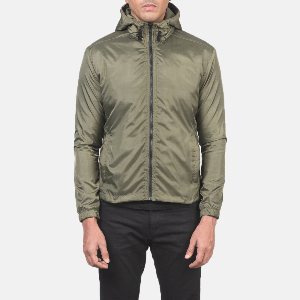 Vista detalhada of High Neck with Hood & Zipper with wind flap Hardware on Jimmy Green Hooded Windbreaker Jacket